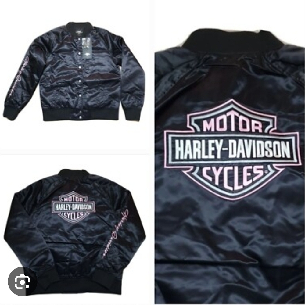Harley-Davidson Black and Pink Satin Bomber Jacket- XL